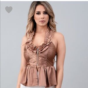 Taupe Brown Beige Stretch Satin Ruffle Halter Top
